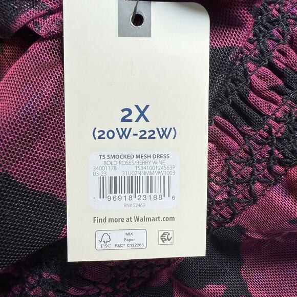 Terra & Sky Midi Dress NEW Sz 2X Smocked Mesh Bold Roses Berry Wine Lined Bohe - Picture 6 of 9